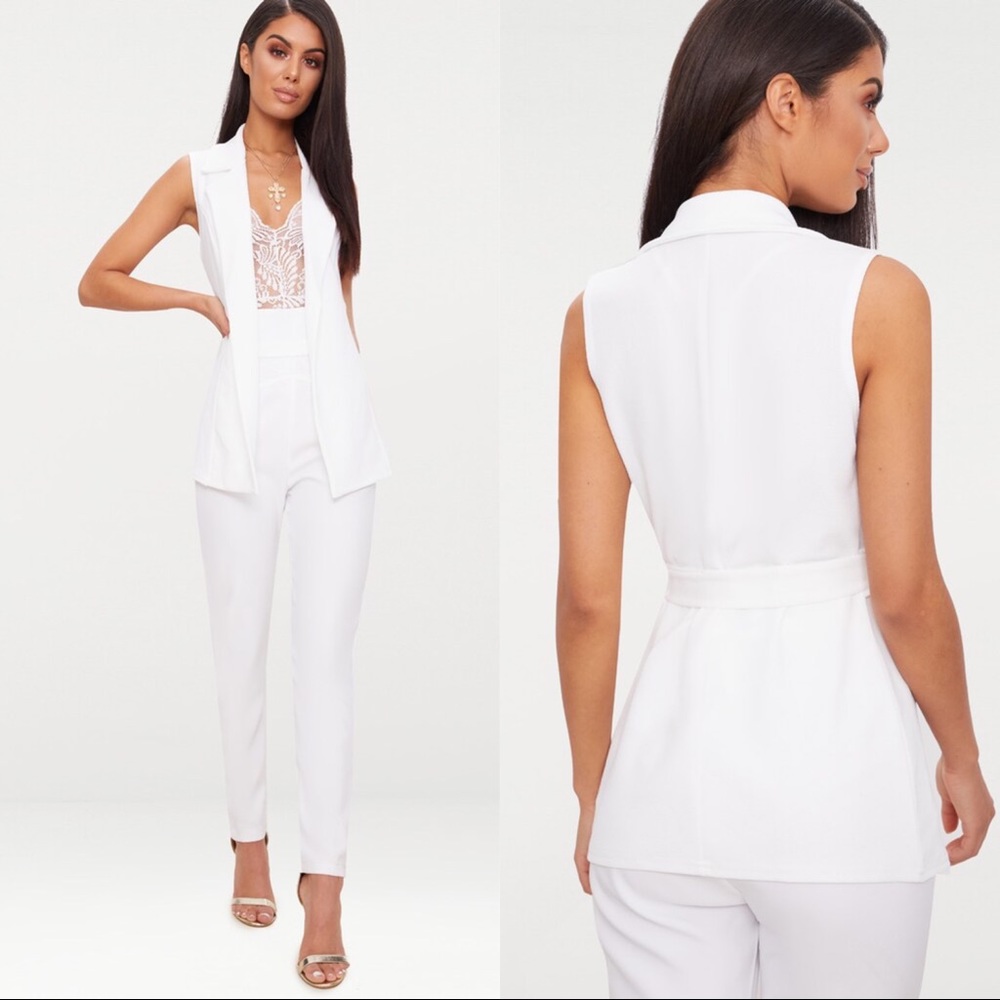 PRETTY LITTLE THING White Sleeveless Belted Blazer